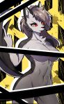  anthro athletic athletic_anthro athletic_female breasts canid canine canis convenient_censorship female grey_hair hair helluva_boss hi_res loona_(helluva_boss) mammal nude raised_tail red_sclera simple_background solo tp10 white_eyes wolf yellow_background 