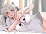  1girl :d animal_ears bed blush breasts casual grey_eyes grey_hair heart heart-shaped_boob_challenge heart_hands highres hololive large_breasts lion_ears lion_girl long_hair looking_at_viewer lying no_bra off_shoulder official_alternate_costume on_side open_mouth oversized_clothes oversized_shirt pillow shirt shishiro_botan smile solo t-shirt torpedo_(gad3757) virtual_youtuber 