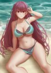  1girl absurdres arm_up beach bikini breasts day fate/grand_order fate_(series) green_bikini highres large_breasts looking_at_viewer navel ocean outdoors purple_hair red_eyes sand scathach_(fate) scathach_skadi_(fate) scathach_skadi_(swimsuit_ruler)_(fate) scathach_skadi_(swimsuit_ruler)_(final_ascension)_(fate) sitting solo swimsuit tattered_helmet_(polan_kui) thighs two-tone_bikini 