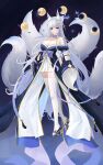  1girl absurdres animal_ear_fluff animal_ears azur_lane blue_butterfly blue_eyes bug butterfly crescent floating_hair fox_ears fox_girl fox_tail full_body highres japanese_clothes kimono kitsune kyuubi long_hair long_sleeves looking_at_viewer moon_phases multiple_tails off_shoulder parted_lips platform_footwear qing_wu reflective_floor shinano_(azur_lane) short_kimono solo standing tail thighhighs white_hair white_thighhighs wide_sleeves zettai_ryouiki 