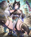  1girl animal_ears artist_name bangs black_hair blue_eyes breasts closed_mouth company_name copyright copyright_name evertale highres large_breasts leotard long_hair looking_at_viewer official_art pelvic_curtain rin_(evertale) sage_joh solo squatting thighhighs torn_clothes 