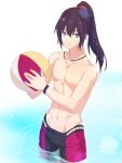  1boy abs ball beachball black_hair blue_eyes cyacyacyacyaki highres looking_at_viewer male_swimwear noah_(xenoblade) official_alternate_costume partially_submerged pectorals ponytail solo swimsuit topless_male water xenoblade_chronicles_(series) xenoblade_chronicles_3 