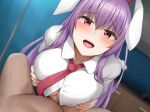  1boy 1girl animal_ears bangs blush breasts censored clothed_female_nude_male hetero large_breasts long_hair mizushina_minato mosaic_censoring necktie nude open_mouth paizuri paizuri_under_clothes penis purple_hair rabbit_ears reisen_udongein_inaba shirt solo_focus touhou white_shirt 