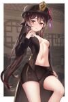  1girl :q absurdres areola_slip black_nails blurry blurry_background blush border breasts breasts_apart brown_coat brown_hair brown_shorts coat commentary cowboy_shot flower flower-shaped_pupils genshin_impact hair_flaps hand_up hat hat_flower highres hu_tao_(genshin_impact) long_hair long_sleeves looking_at_viewer nail_polish navel open_clothes open_coat plum_blossoms porkpie_hat red_eyes shorts small_breasts solo stomach symbol-shaped_pupils thighs tongue tongue_out twintails verozy white_border 