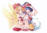  2girls absurdres arm_up bandages bare_shoulders blonde_hair blue_eyes blue_hair butterfly_wings chest_sarashi commentary da-cart fire_emblem fire_emblem:_the_sacred_stones fire_emblem_heroes highres long_hair mask mask_on_head multiple_girls official_alternate_costume peony_(fire_emblem) pointy_ears ponytail purple_eyes red_vest sarashi simple_background strapless tana_(fire_emblem) tube_top upper_body very_long_hair vest white_background wings wrist_wrap 