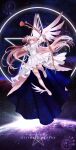  1girl aiming arrow_(projectile) boots bow bow_(weapon) character_name dress frilled_dress frills gloves hair_bow highres illane kaname_madoka long_dress long_hair mahou_shoujo_madoka_magica open_mouth pink_hair pink_thighhighs shoes solo space star_(sky) thighhighs two_side_up ultimate_madoka very_long_hair weapon white_bow white_dress white_footwear white_gloves wings yellow_eyes zettai_ryouiki 