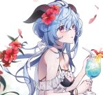 1girl ahoge annlin bangs bare_shoulders blue_hair blush bow breasts cleavage cup drink drinking_straw flower ganyu_(genshin_impact) genshin_impact hair_flower hair_ornament halterneck highres holding holding_cup horns long_hair looking_at_viewer low_ponytail medium_breasts parted_lips petals purple_eyes red_flower sidelocks solo swimsuit upper_body 