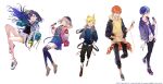  2girls 3boys aoyagi_touya azusawa_kohane blonde_hair blue_hair brown_eyes closed_mouth dark_blue_hair full_body green_eyes grey_eyes highres holding holding_microphone hood hoodie kagamine_len light_brown_hair looking_at_viewer looking_up microphone multicolored_hair multiple_boys multiple_girls one_eye_closed open_mouth orange_hair project_sekai shinonome_akito shiraishi_an simple_background smile split-color_hair standing standing_on_one_leg star_(symbol) suou vivid_bad_squad_(project_sekai) vocaloid white_background yellow_eyes yellow_hoodie yellow_nails 