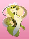 2022 anthro breasts digital_media_(artwork) dreamworks female genitals geometric_background kung_fu_panda lipstick looking_at_viewer makeup master_viper nipples non-mammal_breasts nude pussy reptile scales scalie simple_background sjevi smile snake solo viper wide_hips 