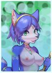  1girl blue_hair breasts fox_girl furry furry_female gold_choker green_eyes holding jewelry krystal looking_at_viewer necklace nipples open_mouth snout solo star_fox tail tp10 upper_body 