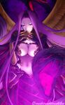  1girl absurdres breasts bustier claws cleavage commentary_request fate/grand_order fate_(series) feathered_wings forehead gendou_pose gorgon_(fate) highres interlocked_fingers large_breasts long_hair makimakimakiba medusa_(fate) monster_girl navel own_hands_clasped own_hands_together purple_eyes purple_hair scales smile snake snake_hair solo twitter_username wings 
