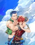  2boys adol_christin armband beard belt belt_pouch blue_hair closed_eyes cloud dogi_(ys) facial_hair goatee headpat highres hug implied_yaoi male_focus multiple_boys muscular muscular_male open_clothes pants pouch red_hair short_hair skyline smile tatsumikkk yaoi ys ys_viii_lacrimosa_of_dana 