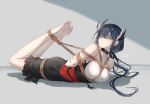  1girl arknights arms_behind_back bangs bare_legs bare_shoulders barefoot bdsm black_skirt blindfold blue_hair bondage bound breasts cantabile_(arknights) chenjiyan_y chinese_commentary commentary_request feather_hair grey_background hair_between_eyes hair_ornament hairclip highres large_breasts long_hair lying mole mole_under_eye on_stomach rope shirt skirt sleeveless sleeveless_shirt solo 