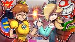  2girls ^_^ aqua_dress arm_behind_back bare_shoulders blonde_hair bomb breasts brown_hair closed_eyes commentary crown dress earrings english_commentary flowerpot footballhead gloves hair_over_one_eye hand_up highres holding_hands jewelry large_breasts long_hair long_sleeves mario_(series) mario_party_superstars mini_crown multiple_girls off-shoulder_dress off_shoulder piranha_plant princess_daisy puffy_short_sleeves puffy_sleeves rosalina short_sleeves smile upper_body white_gloves wide_sleeves yellow_dress 