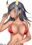  1girl animal_ears arm_rest bangs bikini black_hair black_horns blonde_hair blush breasts breasts_apart broken_horn closed_mouth collarbone dark-skinned_female dark_skin extra_ears goshingyu-sama_(kemono_friends) grey_hair half-closed_eyes halterneck hand_rest hand_up highres horns kashisu_mint kemono_friends long_hair looking_at_viewer lying micro_bikini multicolored_hair multicolored_horns navel on_back ox_ears ox_horns red_bikini seductive_smile shiny shiny_skin simple_background skindentation smile solo stomach swimsuit twitter_username white_background yellow_eyes yellow_horns 