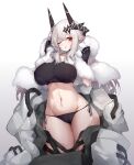  1girl absurdres adapted_costume arknights bikini bikini_bottom_only black_bikini black_bra black_gloves blush bra breasts cameltoe chinese_commentary cleavage coat coat_removed covered_nipples cowboy_shot demon_horns fur_trim gloves gradient gradient_background grey_background grey_hair hair_ornament highres horns large_breasts long_hair looking_at_viewer mudrock_(arknights) navel one_eye_closed parted_lips red_eyes side-tie_bikini_bottom simple_background solo sports_bra standing steaming_body stomach sweat swimsuit thigh_gap underwear zeroblood 