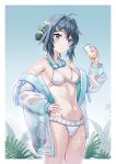  1girl absurdres ahoge arknights bangs bare_shoulders bestramos bikini blush breasts cleavage cowboy_shot cup drinking_glass goggles goggles_around_neck grey_eyes grey_hair groin hair_intakes hand_on_hip hand_up highres holding holding_cup jacket la_pluma_(arknights) la_pluma_(summer_flowers)_(arknights) long_sleeves looking_at_viewer medium_breasts navel off_shoulder open_clothes open_jacket short_hair solo standing stomach swimsuit thighs white_bikini 