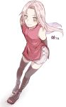  1girl arms_behind_back black_sleeves black_thighhighs closed_mouth detached_sleeves floating_hair full_body green_eyes hair_intakes haruno_sakura highres leaning_forward long_hair naruto naruto_(series) pink_hair red_tunic shiny shiny_hair short_shorts shorts simple_background smile solo standing straight_hair suzu_(tg_390) thighhighs white_background white_shorts zettai_ryouiki 