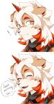 absurd_res anthro arknights blush canid canine canis clothing domestic_dog fangs fur hi_res horn hypergryph looking_at_viewer male mammal multicolored_body multicolored_fur orange_body orange_fur shoko_contane simple_background smile solo studio_montagne text video_games white_body white_fur 