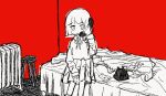  1girl bed bed_sheet bedroom bunk_bed calling greyscale holding holding_phone messy_room mission-chan mission-chan_no_dai-bouken monochrome ni_nn_i on_bed phone red_background shirt short_hair skirt solo white_shirt white_skirt 