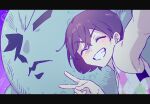  1boy ^_^ blush closed_eyes colored_skin facing_viewer grin highres kel_(omori) letterboxed omori parted_lips pluto_(omori) purple_hair selfie short_hair smile teeth tendosora twitter_username v white_skin 