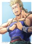  absurdres bara blonde_hair blue_background blue_eyes bracelet collarbone cracking_knuckles earrings facial_hair final_fantasy final_fantasy_vi highres jewelry long_hair looking_at_viewer magnoliaboxuzu male_focus mash_rene_figaro muscular muscular_male open_mouth ponytail signature smile 