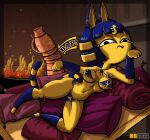  animal_crossing ankh ankha_(animal_crossing) anthro bed bikini brazier clothing crown domestic_cat egyptian felid feline felis female furniture hentai_boy hi_res hieroglyphics mammal nintendo pinup pose pottery solo solo_focus swimwear tiara video_games 