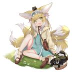  absurdres animal_ears animal_on_head ankle_cuffs arknights bag basket black_cat blonde_hair blush brown_bag brown_footwear cardigan cat cat_on_head dress fang flower fox_ears fox_girl fox_tail frilled_hairband frills grass green_dress green_eyes hair_down hairband highres kitsune knee_up long_hair looking_at_viewer multicolored_hair multiple_tails n3moni on_head open_cardigan open_clothes open_mouth paid_reward_available satchel shoulder_bag simple_background sitting socks streaked_hair suzuran_(arknights) tail thighs white_background white_flower white_hair yellow_cardigan yellow_socks 