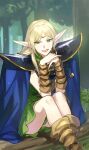  1girl :d armor banababa blonde_hair blue_cape brown_sleeves cape circlet day deedlit detached_sleeves dress elf forest green_dress green_eyes highres long_hair looking_at_viewer nature outdoors pointy_ears record_of_lodoss_war shiny shiny_hair short_dress shoulder_armor sitting smile solo sword weapon 