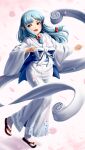  1girl :d blue_hair cherry_blossoms commission dkoro fang floating_hair full_body hair_bobbles hair_ornament highres japanese_clothes kimono kiriha_(tsugumomo) long_hair long_sleeves obi open_mouth orange_eyes pointy_ears sash smile socks solo standing standing_on_one_leg tabi tsugumomo very_long_hair white_kimono white_socks wide_sleeves 