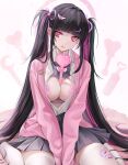  1girl bandaid bandaid_on_thigh bandaids_on_nipples bangs between_breasts between_legs black_hair blood blunt_bangs bow bowtie breasts cleavage cross_pasties hair_ornament hair_ribbon hairpin hand_between_legs highres jacket licking_lips long_hair long_sleeves looking_at_viewer multicolored_hair no_bra ompf open_clothes open_jacket open_shirt original pasties pink_eyes pink_hair pleated_skirt ribbon school_uniform scratches sitting skirt solo thighhighs tongue tongue_out torn_thighhighs twintails two-tone_hair v_arms very_long_hair wand white_thighhighs yami_kawaii 