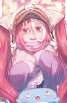  1girl absurdres bags_under_eyes blurry blurry_background blush_stickers brown_headwear character_request commentary_request fuunyon hair_between_eyes hands_up highres japanese_clothes long_hair long_sleeves made_in_abyss multicolored_hair multiple_sources open_mouth purple_scarf purple_sleeves red_eyes red_hair scarf smile solo_focus straight-on streaked_hair twintails upper_body veko very_long_hair wavy_mouth white_hair 
