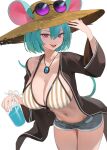  1girl animal_ears aqua_hair arknights bangs bikini breasts character_request cleavage cosplay cowboy_shot ears_through_headwear eyewear_on_headwear grey_shorts hair_between_eyes hat highres hood_(james_x) jewelry large_breasts long_sleeves mouse_ears mouse_girl mouse_tail navel off_shoulder open_clothes pendant purple_eyes short_shorts shorts single_bare_shoulder solo standing stomach striped striped_bikini sun_hat sunglasses swimsuit tail thighs utage_(arknights) utage_(arknights)_(cosplay) utage_(summer_flowers)_(arknights) vertical_stripes 