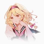  1girl bangs blonde_hair braid character_name djeeta_(back_to_school_essentials)_(granblue_fantasy) djeeta_(granblue_fantasy) granblue_fantasy hair_intakes hairband hand_up light_blush long_hair looking_at_viewer neckerchief parted_lips pink_neckerchief sailor_collar solo translated twin_braids upper_body vienri yellow_eyes 