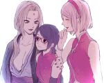  3girls :d bare_arms black_eyes black_hair blonde_hair blush boruto:_naruto_next_generations bracelet breasts cleavage closed_eyes collarbone glasses hair_intakes hair_over_shoulder hairband hand_on_another&#039;s_shoulder haruno_sakura highres jacket jewelry large_breasts long_hair multiple_girls nail_polish naruto_(series) open_mouth pink_hair ponytail purple_lips red-framed_eyewear red_eyes red_hairband red_jacket red_nails short_hair simple_background sleeveless sleeveless_jacket smile suzu_(tg_390) tsunade_(naruto) uchiha_sarada white_background 