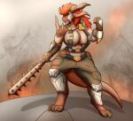  anthro dragon female green_eyes hair hi_res horn melee_weapon mijak_(thony_dog) red_hair scalie solo thony_dog warrior weapon 