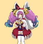  1girl bangs bell big_hair blue_hair cleo_(dragalia_lost) dragalia_lost dress drill_hair fur_trim hair_bell hair_ornament long_hair looking_at_viewer multicolored_hair navel open_mouth pink_eyes pink_hair red_dress shironitsu thighhighs twin_drills 