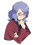  1boy black_shirt blue_eyes closed_mouth collared_shirt glasses grey_hair hand_on_own_chin hand_up jacket long_hair long_sleeves looking_to_the_side lucian_(pokemon) male_focus momoji_(lobolobo2010) pokemon pokemon_(game) pokemon_dppt red_jacket shirt simple_background smile solo stroking_own_chin upper_body white_background 