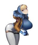  1girl absurdres alternate_breast_size animification apex_legends bangs befe bent_over blonde_hair blue_bodysuit blue_eyes blue_gloves blue_headwear bodysuit breasts electricity english_commentary gloves highres hood hooded_jacket jacket large_breasts orange_jacket ribbed_bodysuit scar scar_on_cheek scar_on_face smile solo wattson_(apex_legends) white_background white_bodysuit 