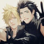  2boys aqua_eyes arm_around_neck armor bare_shoulders black_gloves black_hair black_shirt blonde_hair boooshow cloud_strife earrings final_fantasy final_fantasy_vii final_fantasy_vii_advent_children gloves grin hair_between_eyes hair_slicked_back high_collar jewelry looking_at_viewer male_focus multiple_boys open_collar scar scar_on_cheek scar_on_face shirt short_hair shoulder_armor sideburns single_earring single_sleeve sleeveless sleeveless_shirt sleeveless_turtleneck smile spiked_hair teeth turtleneck upper_body v white_background zack_fair 