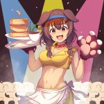  1girl :d animal_ears animal_hands apron bangs blush braid breasts brown_eyes brown_hair chili_pepper cleavage collar collared_shirt crop_top cup dog_ears dog_girl doggy_god&#039;s_street food fork gloves groin highres holding holding_tray hololive inugami_korone long_hair looking_at_viewer midriff navel open_mouth pancake pancake_stack paw_gloves plate saucer severed_finger shirt sleeveless sleeveless_shirt smile solo spiked_collar spikes spotlight syrup tea teacup tray twin_braids virtual_youtuber visor waist_apron yorunaku_tanishi 