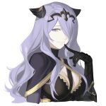  1girl armor armored_dress black_armor black_capelet black_gloves breasts camilla_(fire_emblem) capelet cleavage closed_mouth commentary cropped_torso english_commentary fake_horns finger_to_mouth fire_emblem fire_emblem_fates gauntlets gloves hair_ornament hair_over_one_eye highres horns large_breasts long_hair looking_at_viewer mik_blamike one_eye_covered purple_eyes purple_hair simple_background smile solo tiara very_long_hair wavy_hair white_background 