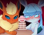  3_toes :3 bestiality blue_body blue_fur blue_sclera blush blush_lines bodily_fluids censor_bar censored curtains cute_fangs eeveelution eyelashes feet female female_on_human feral first_person_view flareon fur generation_1_pokemon generation_4_pokemon genital_fluids genitals glaceon glans group hi_res himimi human human_on_feral interspecies leaking_precum looking_at_viewer male male/female male_on_feral mammal nintendo on_top orange_body orange_fur paws penis penis_in_face pokemon pokemon_(species) pokephilia precum precum_on_penis sweat sweatdrop sweaty_face tan_body tan_fur toes trio video_games white_eyes 