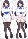  1girl :d absurdres animal_ears ass_visible_through_thighs azur_lane black_footwear black_hair blush breasts brown_eyes choukai_(azur_lane) clothes_lift dakimakura_(medium) english_commentary from_above full_body hair_ornament highres large_breasts lifted_by_self long_hair long_sleeves looking_at_viewer on_bed panties pillow sheita shoes shoes_removed skindentation skirt skirt_lift smile solo thighhighs underwear wavy_mouth white_panties zettai_ryouiki 