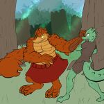  2014 anthro bottomwear claws clothed clothing digital_drawing_(artwork) digital_media_(artwork) digitigrade duo eye_contact fen_(lagotrope) fight grass green_body green_skin horn kobold lagotrope lizard long_tail looking_at_another male melee_weapon mountain_kobold muscular orange_body orange_scales outside pants plant prehensile_tail pupils reptile scales scalie shirt skirt slit_pupils story story_at_source story_in_description sword tgchan topless topwear torn_clothing tree weapon 