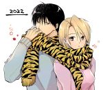  1boy 1girl animal_print black_hair blonde_hair breasts brown_eyes earrings fullmetal_alchemist grey_eyes grey_sweater hair_between_eyes jewelry long_hair long_sleeves medium_breasts parted_lips pink_sweater riza_hawkeye roy_mustang scarf shared_clothes shared_scarf short_hair sweater takafuji_yuna tiger_print twitter_username 