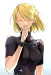  1girl black_shirt blonde_hair bob_cut breasts closed_eyes earrings fullmetal_alchemist hair_between_eyes hand_to_own_mouth jewelry laughing medium_breasts open_mouth riza_hawkeye shirt short_hair short_sleeves smile solo takafuji_yuna turtleneck twitter_username upper_body white_background wristband 