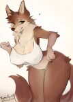  anthro big_breasts blush breasts canid canine clothed clothing eyelashes female fumonpaw fur hi_res looking_at_viewer mammal simple_background smile solo text thick_thighs 