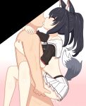  1boy 1girl animal_ears azur_lane black_hair black_shirt closed_eyes clothed_female_nude_male clothed_sex crop_top cum cum_in_pussy faceless faceless_male highres leg_lock miniskirt nude ohno pink_background pleated_skirt sex shigure_(azur_lane) shirt skirt straddling tail white_skirt wolf_ears wolf_tail 