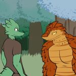  1:1 2014 anthro bottomwear clothed clothing digital_drawing_(artwork) digital_media_(artwork) duo eye_contact fen_(lagotrope) grass green_body green_skin horn kobold lagotrope lizard looking_at_another male mountain_kobold muscular orange_body orange_scales outside pants plant pupils reptile scales scalie shirt slit_pupils story story_at_source story_in_description tgchan topless topwear torn_clothing tree 